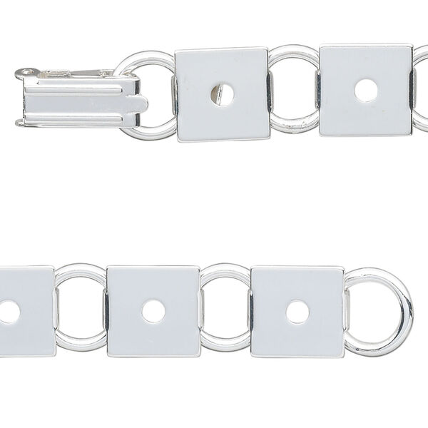 Bracelet component 1pkg1, silver-plated steel, (12) 10mm square link settings, 7 inches with fold-over clasp. image number 0
