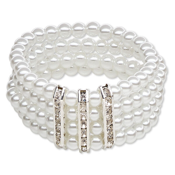 Bracelet, Everyday Jewelry, 4-strand stretch, acrylic / glass rhinestone / silver-plated "pewter" (zinc-based alloy), white and clear, 44mm wide with 6mm round, 6 inches. Sold individually. image number 0