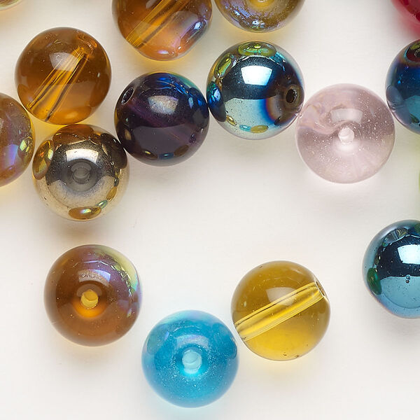 Bead mix, glass, pkg/2 ounces, opaque to transparent mixed colors, 9-11mm round. image number 0
