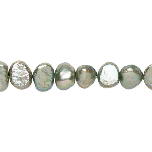 Pearl, cultured freshwater (dyed), olivine green, 6-7mm flat-sided potato, D grade, Mohs hardness 2-1/2 to 4. Sold per 15-inch strand. image number 0