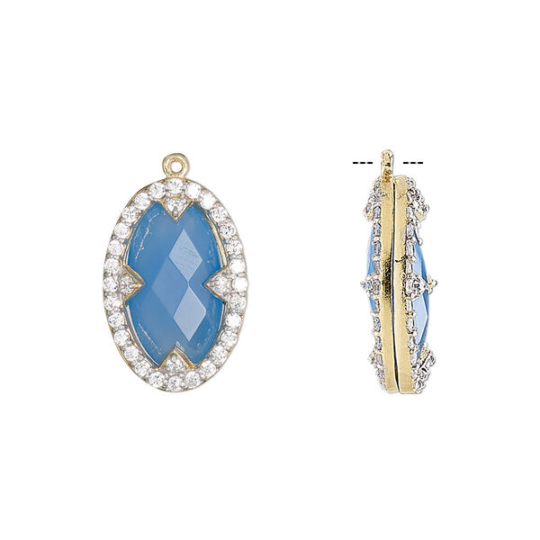 Drop. chalcedony (dyed) / cubic zirconia / gold-finished sterling silver, clear and blue, 18x12mm double-sided faceted oval. Sold individually. image number 0