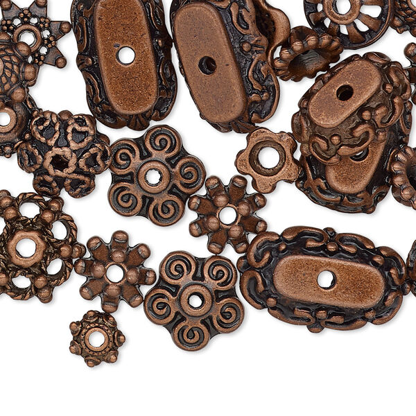 Bead cap mix, antique copper-finished "pewter" (zinc-based alloy), 6x2mm-18x6mm mixed shapes, fits 6mm round to 30x26mm oval beads. Sold per pkg of 50. image number 0