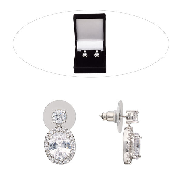 Earring, cubic zirconia / stainless steel / rhodium-finished brass, clear, 19.5mm with oval and post. Sold per pair. image number 0