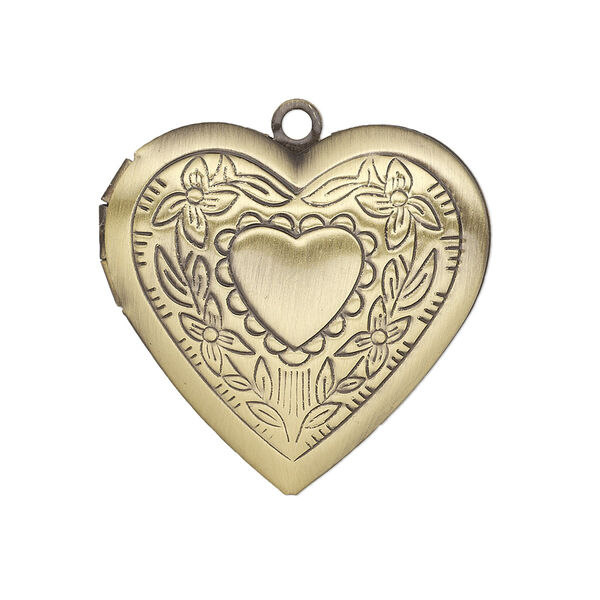 Charm, antiqued brass, 29x27mm single-sided heart locket with stamped heart and flower design. Sold per pkg of 2. image number 0