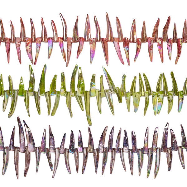 Bead mix, mother-of-pearl shell (bleached / dyed), multicolored AB, 20x2mm-39x6mm talon with 0.4-0.6mm hole, Mohs hardness 3-1/2. Sold per pkg of (3) 15-inch strands. image number 0