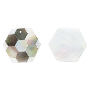 Component, black lip shell / mother-of-pearl shell / resin (assembled) 1pkg2, 26x23mm-28x24mm top-drilled 1sided flat hexagon with honeycomb pattern.