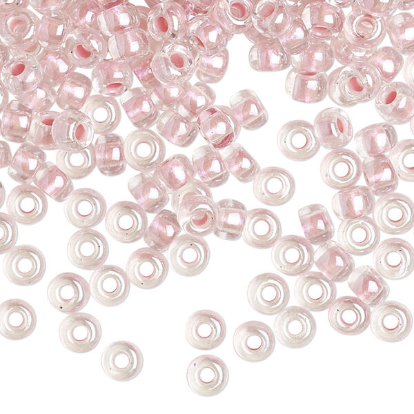 Seed bead, Miyuki, glass, pkg/25g, #6 rocaille, translucent pink-lined pearlized crystal clear, (RR-4607). image number 0