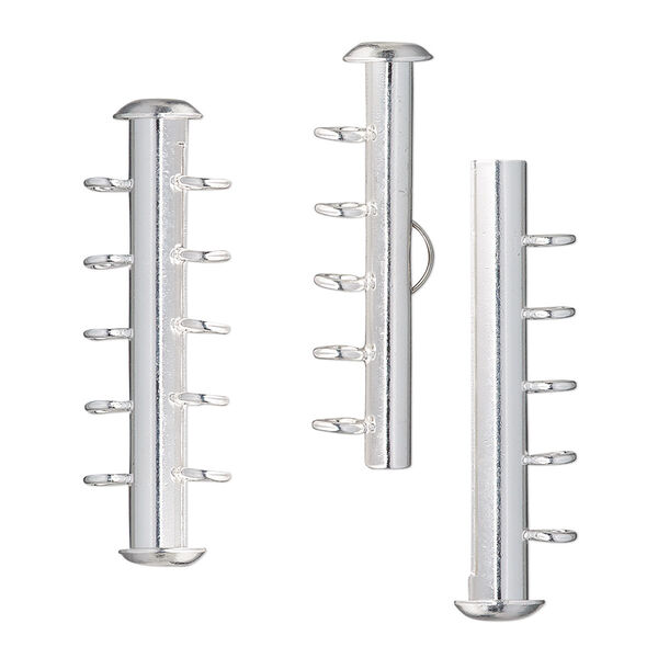 Clasp, 5-strand slide lock, silver-plated brass, 31x6mm round tube. Sold per pkg of 4. image number 0