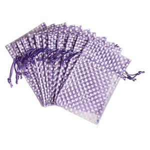 Pouch, organza, purple and white, 6x4 inches with dots pattern and drawstring closure. Sold per pkg of 12.