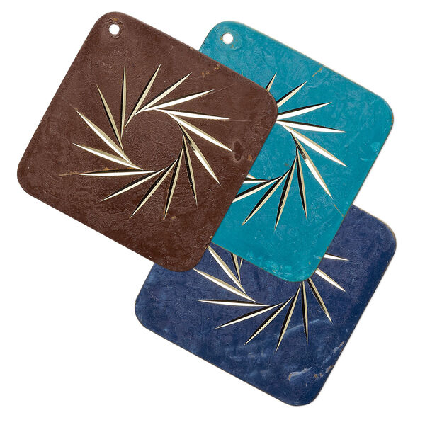 Focal, brass, turquoise blue / brown / blue, 40x40mm single-sided diamond-cut flat diamond. Sold per pkg of 6. image number 0