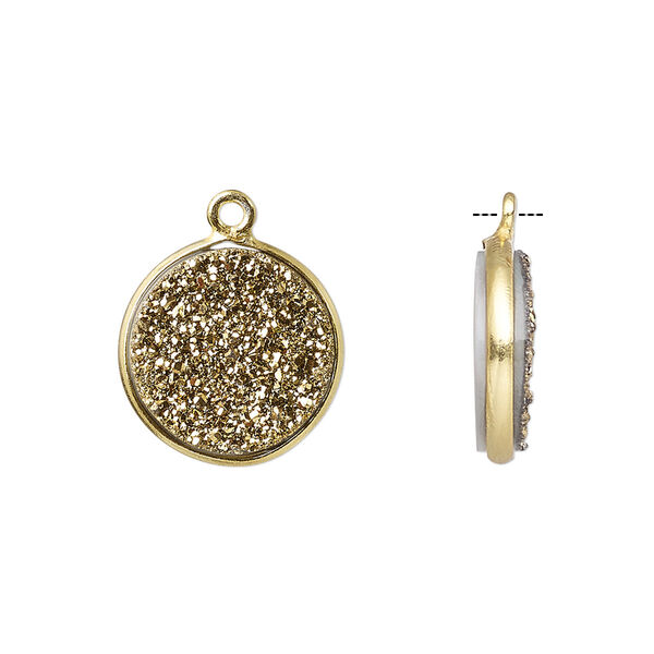 Drop, titanium- / electro-coated druzy agate (coated) / gold-finished sterling silver, gold, 15mm hand-cut single-sided flat round. Sold individually. image number 0