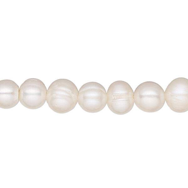 Pearl, cultured freshwater (bleached), white, 7-8mm semi-round, C grade, Mohs hardness 2-1/2 to 4. Sold per 15-1/2" to 16" strand. image number 0
