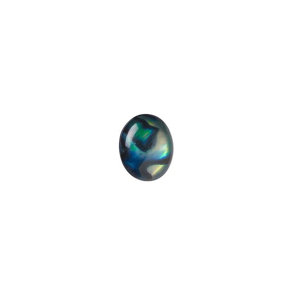 Cabochon, paua shell (coated / dyed), blue, 10x8mm calibrated oval, Mohs hardness 3-1/2. Sold per pkg of 6. image number 0