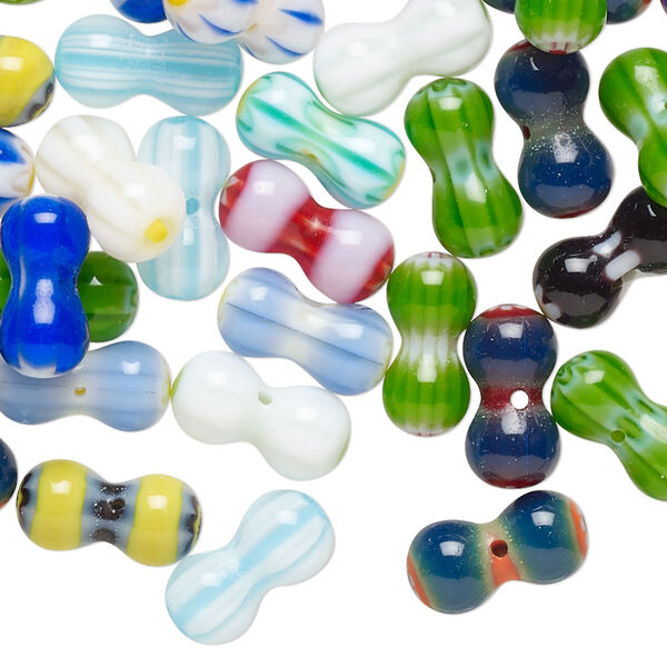 Bead mix, millefiori glass, opaque to transparent multicolored, 12x6mm peanut with 0.4-0.6mm hole. Sold per 2-ounce pkg, approximately 85-95 beads. image number 0