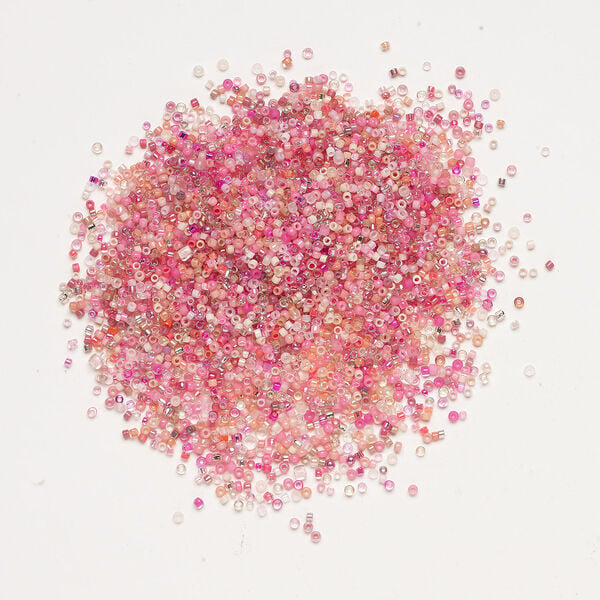 Seed bead mix, glass, 1pkg25g, #15 to #11 round, opaque and translucent multi-pink image number 1