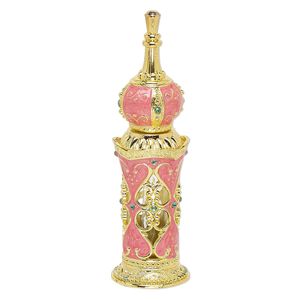 Perfume bottle, glass / enamel / gold-finished "pewter" (zinc-based alloy), pink and green, 4-1/2 x 1-1/4 inches with cutout double heart design, glass dauber and threaded stopper. Sold individually.
