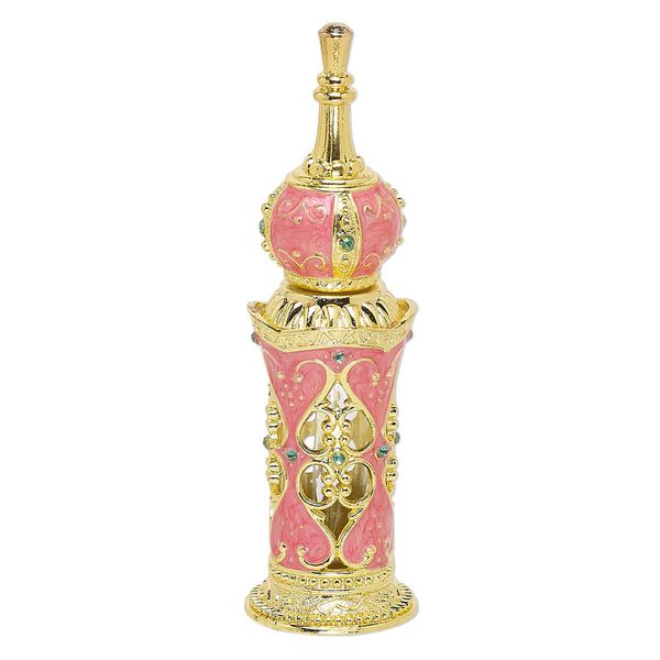Perfume bottle, glass / enamel / gold-finished "pewter" (zinc-based alloy), pink and green, 4-1/2 x 1-1/4 inches with cutout double heart design, glass dauber and threaded stopper. Sold individually. image number 0