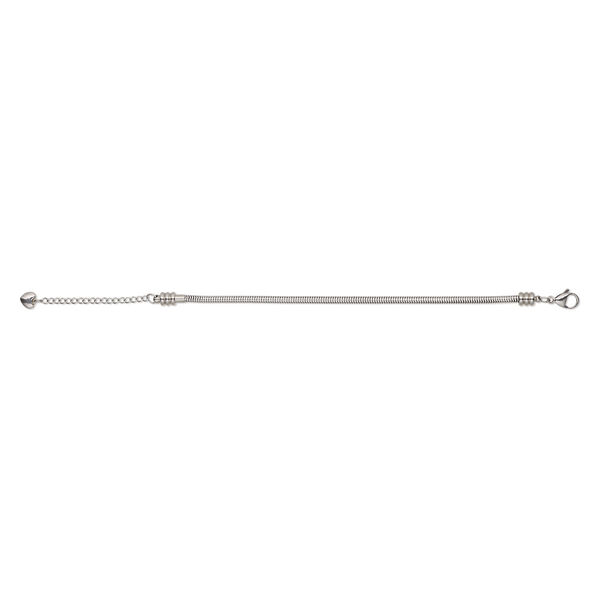 Bracelet, Dione® Easy-On Chain, stainless steel, 3.1mm snake, 7-1/2 inches with 3.8mm removable twist end and 2-inch extender chain with 8x7.5mm heart and lobster claw clasp. Sold individually. image number 0
