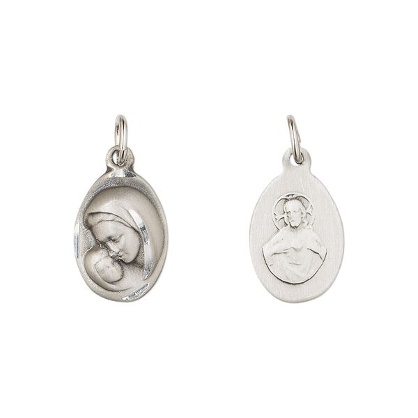 Drop, Britannia pewter (tin-based alloy), 14x10mm two-sided diamond-cut oval with Madonna and child. Sold individually. image number 0