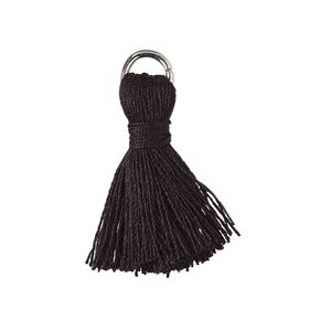 Tassel, cotton and imitation rhodium-finished steel, black, 20-24mm mini tassel with 6mm open jump ring. Sold per pkg of 6.