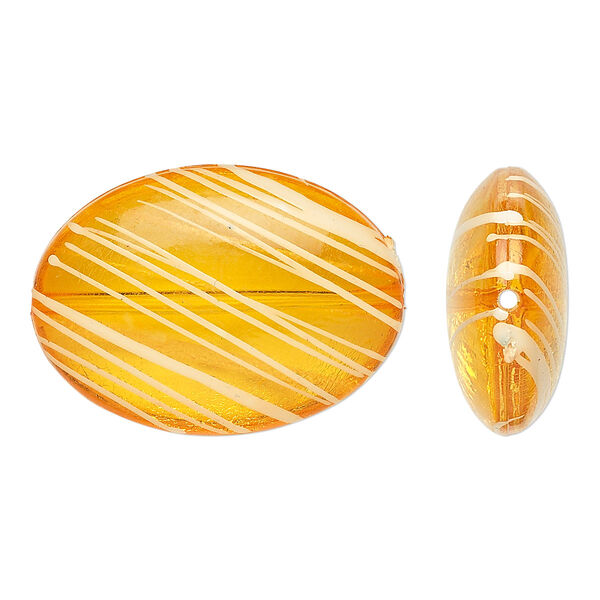 Bead, acrylic, semitransparent orange and white, 33x24mm puffed oval with painted line design. Sold per pkg of 18. image number 0