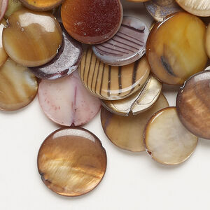 Mother-of-pearl shell 1pkg4oz, puffed flat round bead mix multi-brown 13-16mm