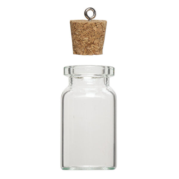 Component, glass / cork / nickel-finished steel, clear, 40x22mm bottle with stopper and screw eye. Sold per pkg of 10. image number 2
