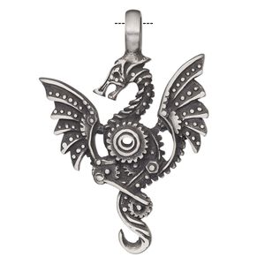 Pendant, Powerful Pewter Pendants, antiqued pewter (tin-based alloy), 59x40mm single-sided steampunk dragon with 6mm hole. Sold individually.