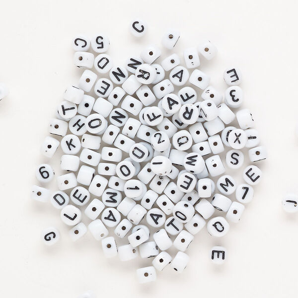 Bead mix, plastic, opaque white and black, 6mm oval with alphabet letters. Sold per pkg of 140. image number 0