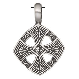 Pendant, Powerful Pewter Pendants, antiqued pewter (tin-based alloy), 43x31mm single-sided diamond with Celtic design and 6mm hole. Sold individually.