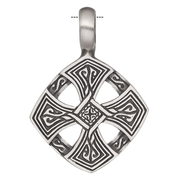 Pendant, Powerful Pewter Pendants, antiqued pewter (tin-based alloy), 43x31mm single-sided diamond with Celtic design and 6mm hole. Sold individually. image number 0