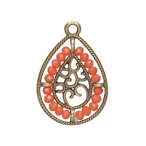 Drop, antique brass-finished "pewter" (zinc-based alloy), salmon pink, 27.5 x 21.5mm teardrop with hearts and beaded border. Sold per pkg of 2.
