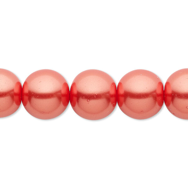 Bead, crystal pearl, orange-red, 12mm round. Sold per 15-1/2" to 16" strand, approximately 30 beads. image number 0