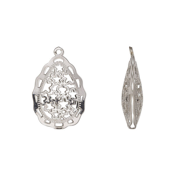 Drop, stainless steel, 18x13.5mm double-sided domed teardrop with textured cut-out stars design. Sold per pkg of 6. image number 0