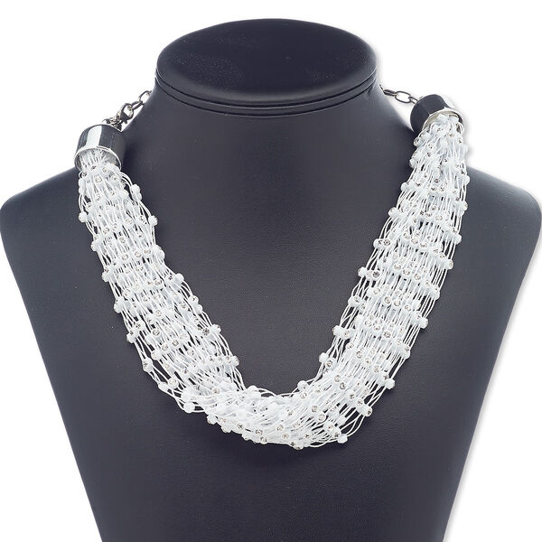 Necklace, acrylic / glass rhinestone / silver-coated plastic / silver-finished steel, white and clear, 20mm wide, 15 inches with 5-1/2 inch extender chain and lobster claw clasp. Sold individually. image number 0