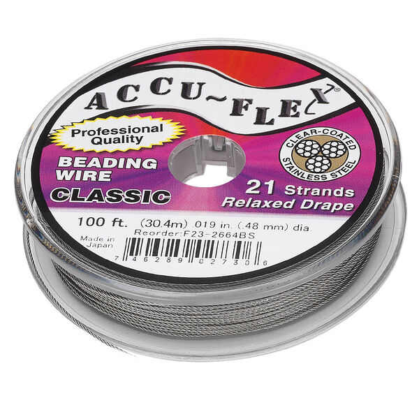 Beading wire, Accu-Flex®, nylon and stainless steel, clear, 21 strand, 0.019-inch diameter. Sold per 100-foot spool. image number 0