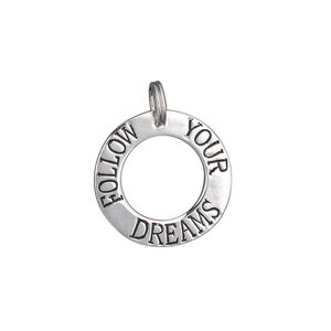 Charm, sterling silver, 19mm single-sided flat open round with stamped split ring "FOLLOW YOUR DREAMS." Sold individually.