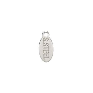 Drop, stainless steel, 10x6mm two-sided flat oval tag stamped with "S. STEEL." Sold per pkg of 10.