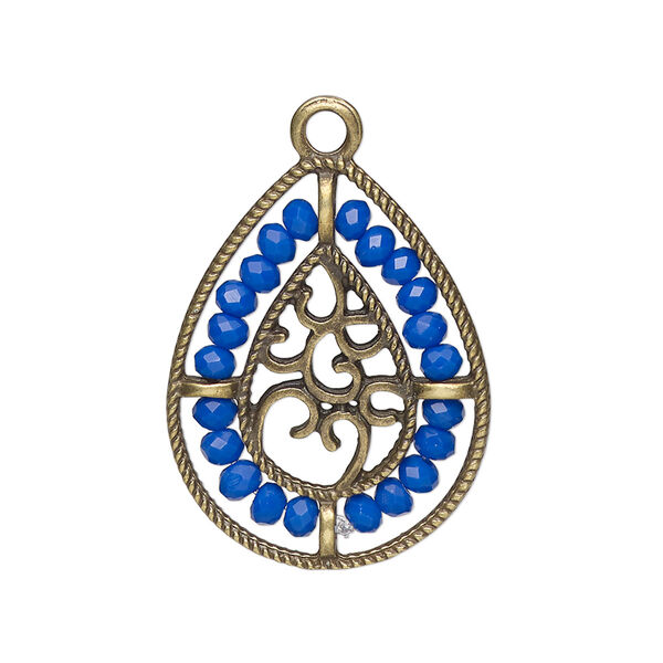 Drop, antique brass-finished "pewter" (zinc-based alloy), cobalt blue, 27.5 x 21.5mm teardrop with hearts and beaded border. Sold per pkg of 2. image number 0
