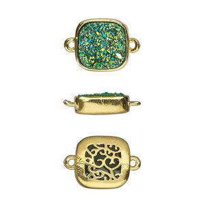 Link, Druzylite™, "druzy" (resin) and gold-finished brass, green, 11.5mm two-sided square with open filigree back. Sold per pkg of 4.