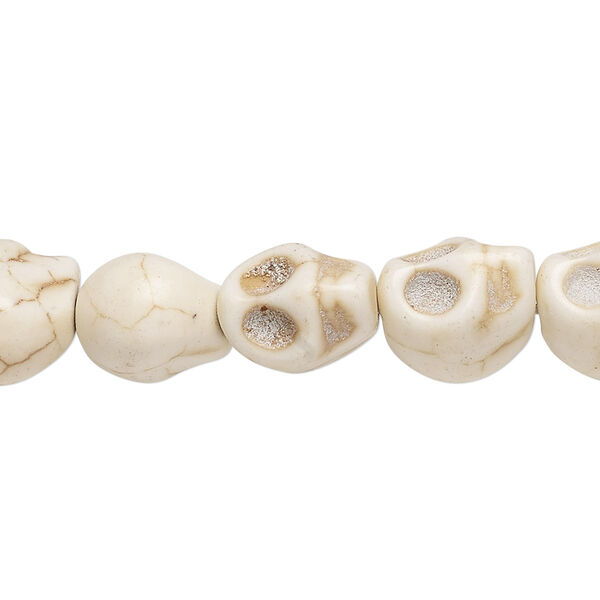 Bead, "howlite" (resin) (imitation), white, 12x10mm skull. Sold per 15-inch strand. image number 0