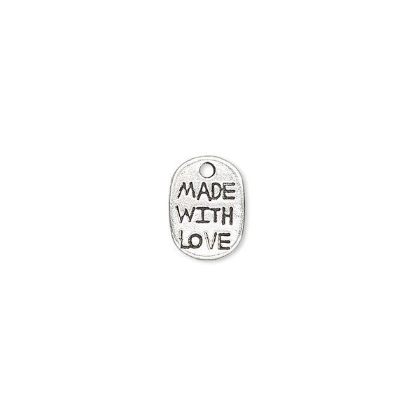Drop, antique silver-plated "pewter" (zinc-based alloy), 11x8mm single-sided flat oval with "MADE WITH LOVE." Sold per pkg of 20. image number 0