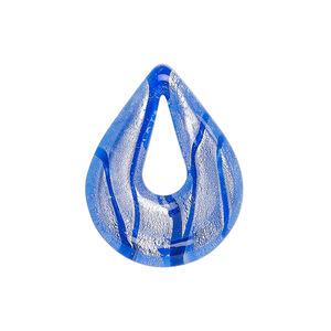 Drop, lampworked glass 1pkg1, translucent cobalt blue and clear with silver-colored foil, 27x21mm-28x21mm undrilled single-sided teardrop go-go.