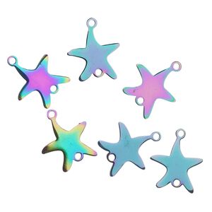 Link, electro-coated stainless steel, rainbow, 15.5x15mm double-sided starfish. Sold per pkg of 6.