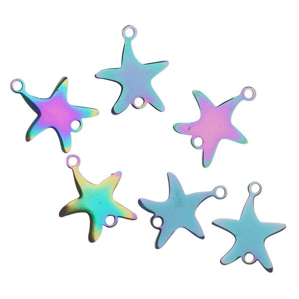 Link, electro-coated stainless steel, rainbow, 15.5x15mm double-sided starfish. Sold per pkg of 6. image number 0