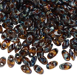 Seed bead, Miyuki, glass, pkg/10g, 7x4mm long magatama, transparent Picasso amber brown (LMA-4502).
