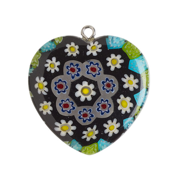 Focal 1pkg1, silver-finished steel / millefiori glass, opaque to transparent yellow / multicolored, 29-31mm puffed heart. image number 0