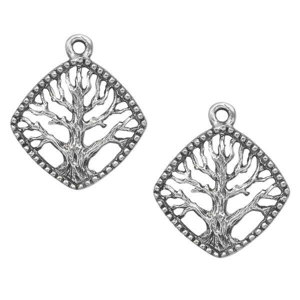 Charm, antiqued pewter (tin-based alloy), 20x20mm single-sided diamond with tree of life. Sold per pkg of 2. image number 0