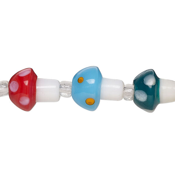 Bead, glass, opaque multicolored, 13x11mm mushroom. Sold per 7-inch strand, approximately 12 beads. image number 0
