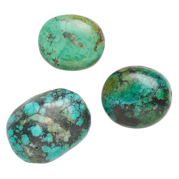 Bead mix, turquoise (dyed / stabilized), blue / blue-green / green-brown, extra-large oval nugget, Mohs hardness 5 to 6. Sold per pkg of 3. image number 0